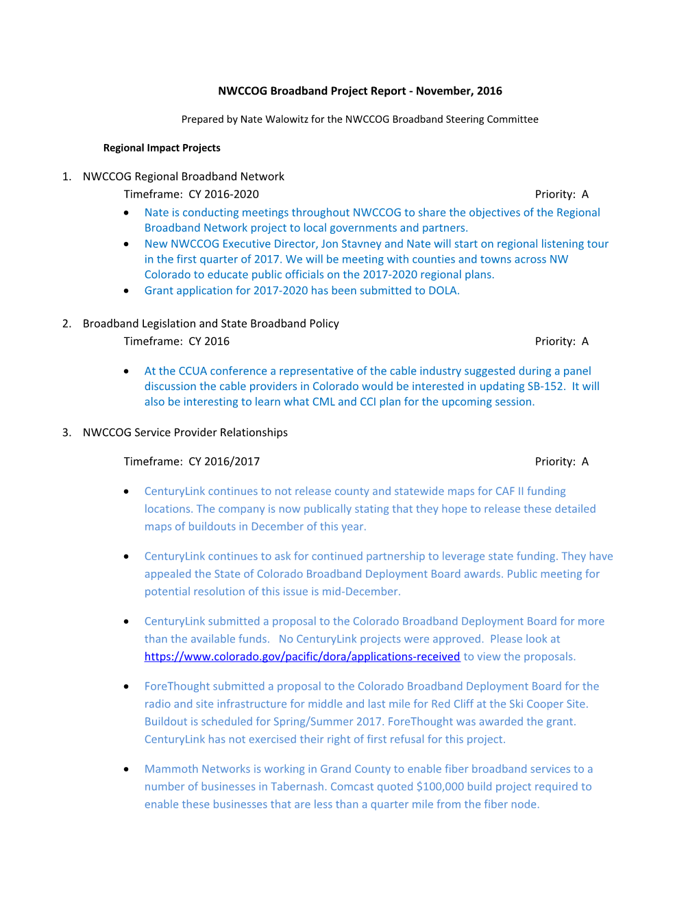 NWCCOG Broadband Project Report - November, 2016