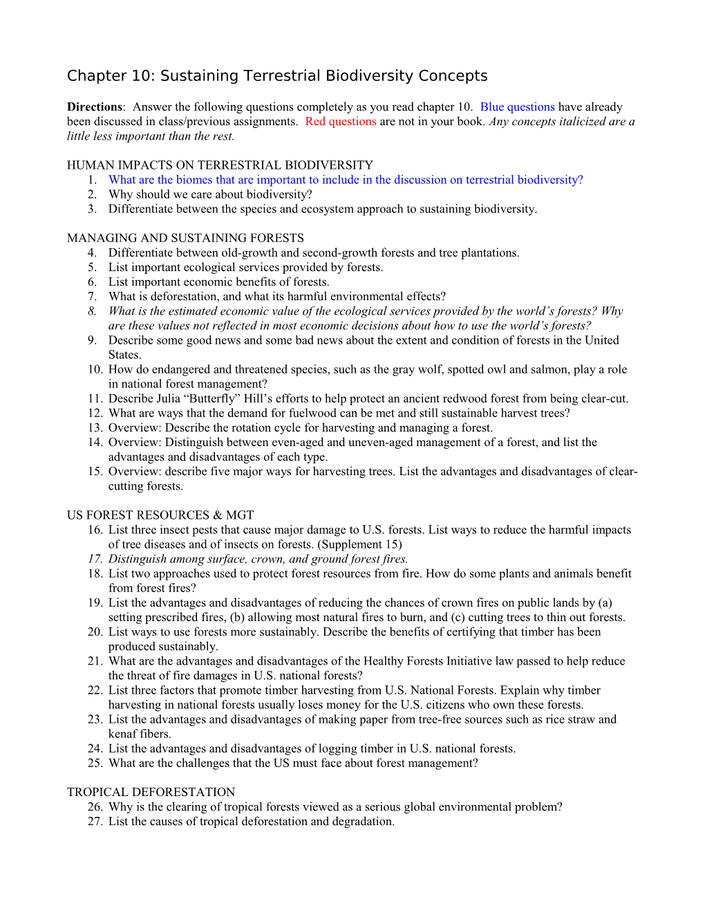 Chapter 10: Sustaining Terrestrial Biodiversity Concepts