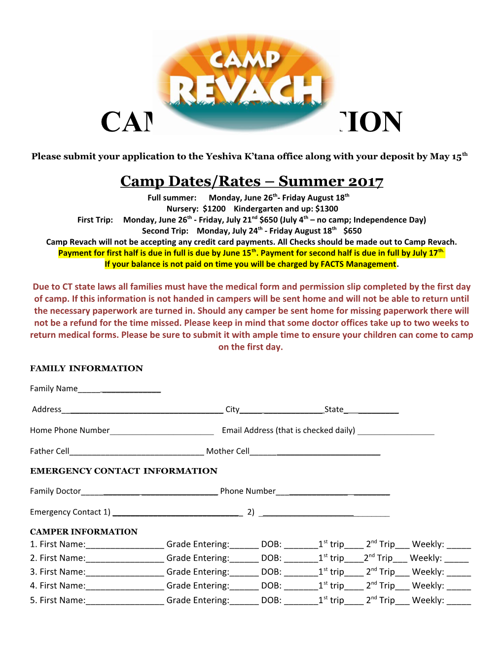 Camp Dates/Rates Summer 2017