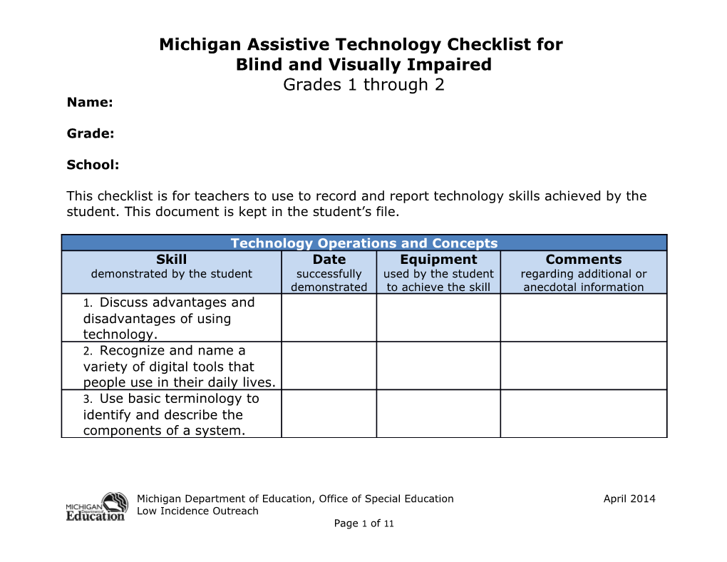 Michiganassistive Technology Checklist for Blind and Visually Impaired Grades 1 Through 2