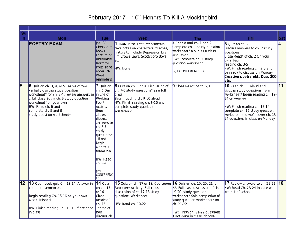 February 2017 10Th Honors to Kill a Mockingbird