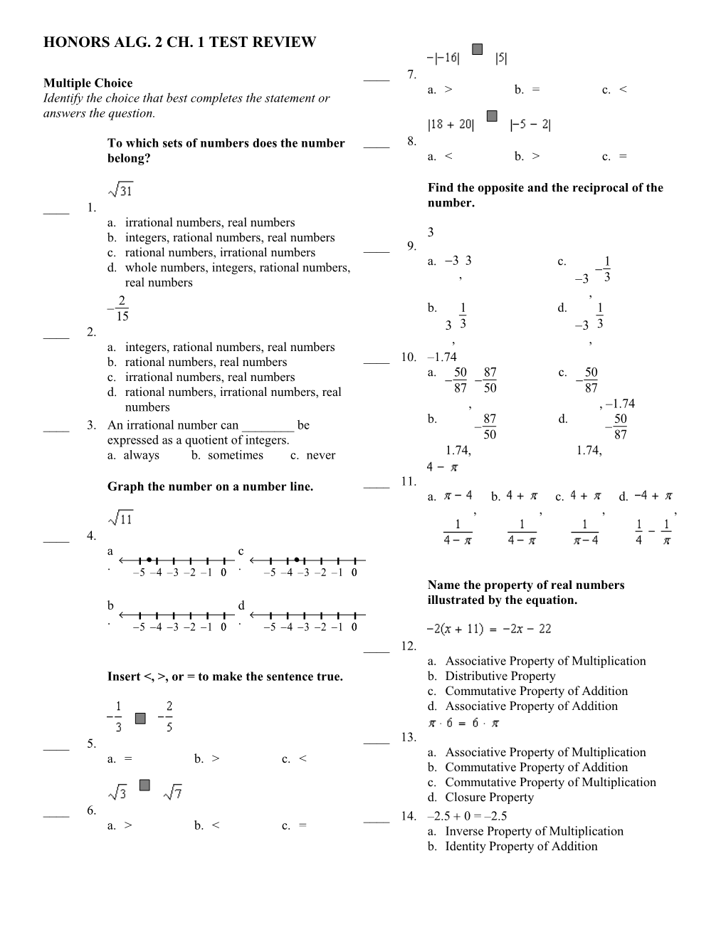 Honors Alg. 2 Ch. 1 Test Review