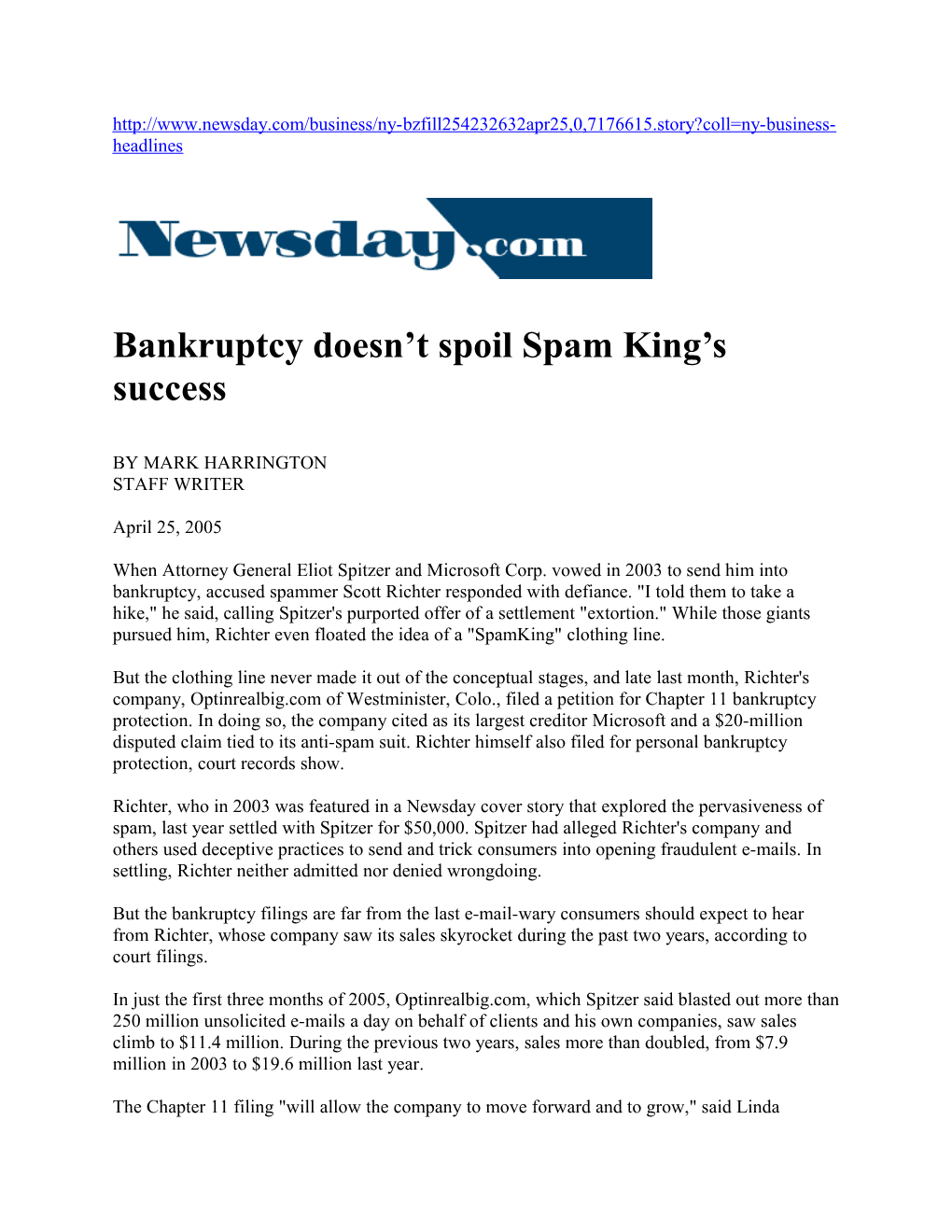 Bankruptcy Doesn't Spoil Spam King's Success - Newsday