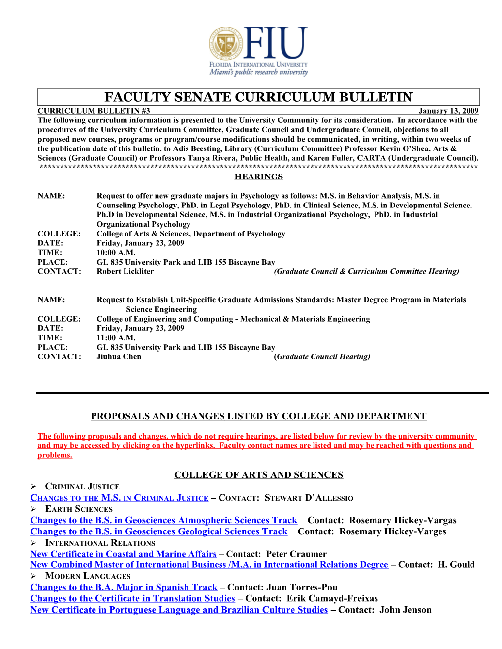 CURRICULUM BULLETIN #3 January 13, 2009 Page 1