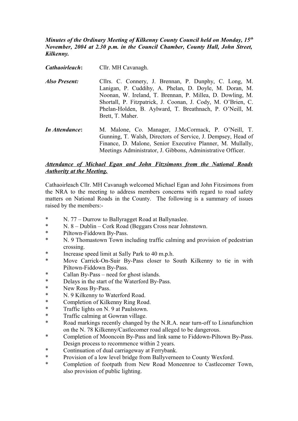 Minutes of the Ordinary Meeting of Kilkenny County Council Held on Monday, 15Th November