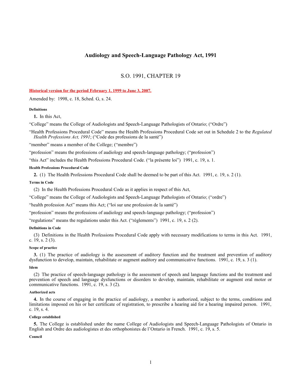 Audiology and Speech-Language Pathology Act, 1991, S.O. 1991, C. 19