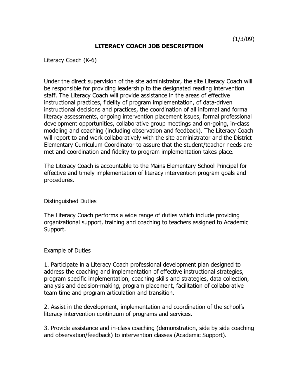 Literacy Coach Job Description