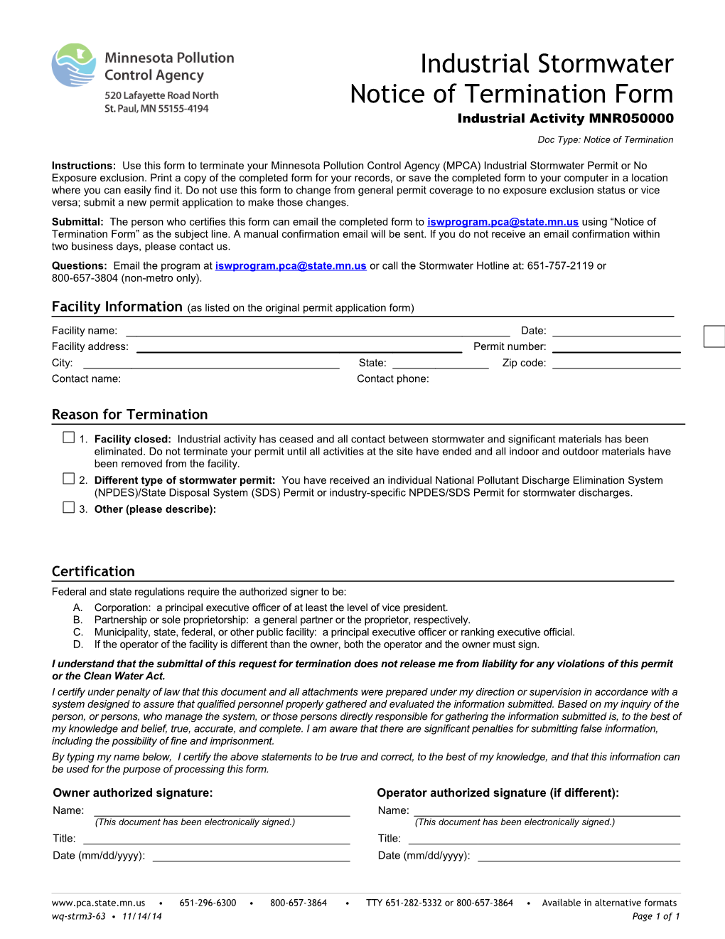 Notice of Termination Form - Indl Stormwater Program - Form