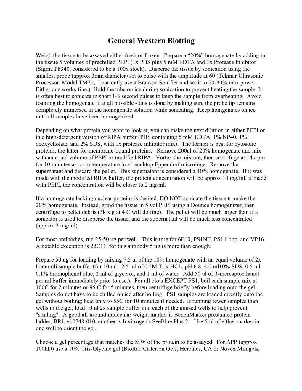 Protocol for Western Blotting