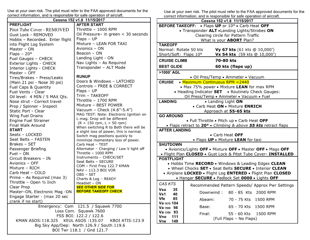 Use at Your Own Risk. the Pilot Must Refer to the FAA Approved Documents for the Correct