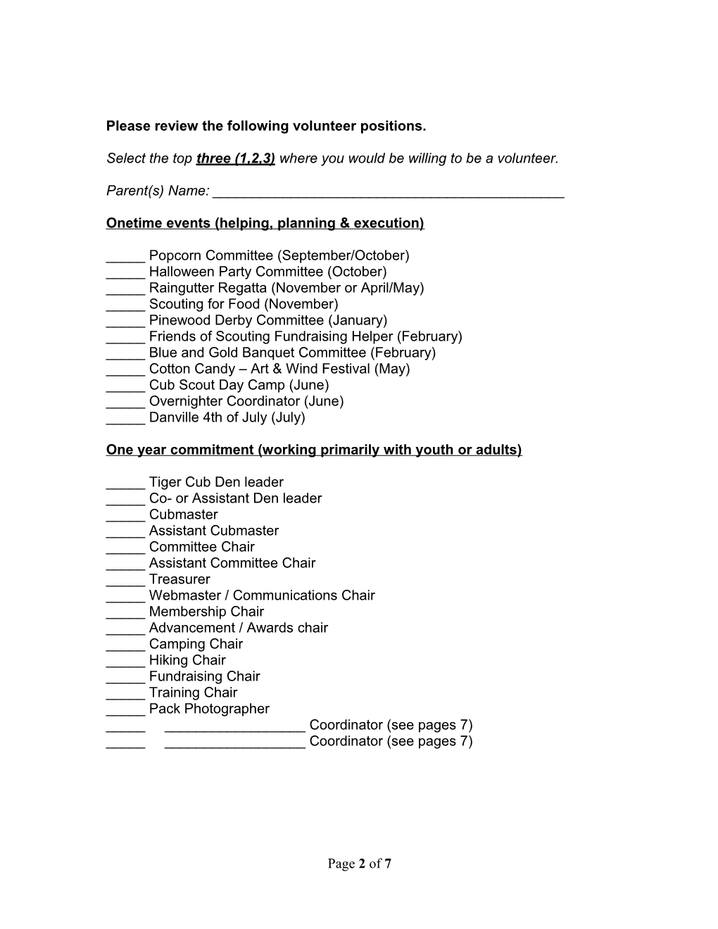 Pack 1776 Parent Volunteer Positions