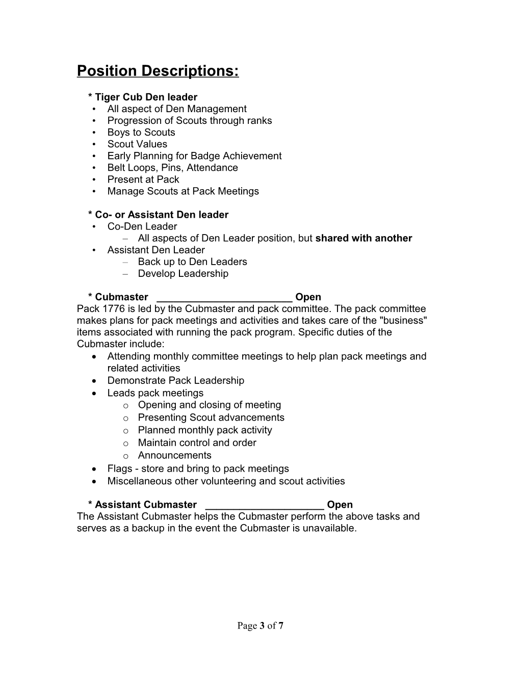 Pack 1776 Parent Volunteer Positions