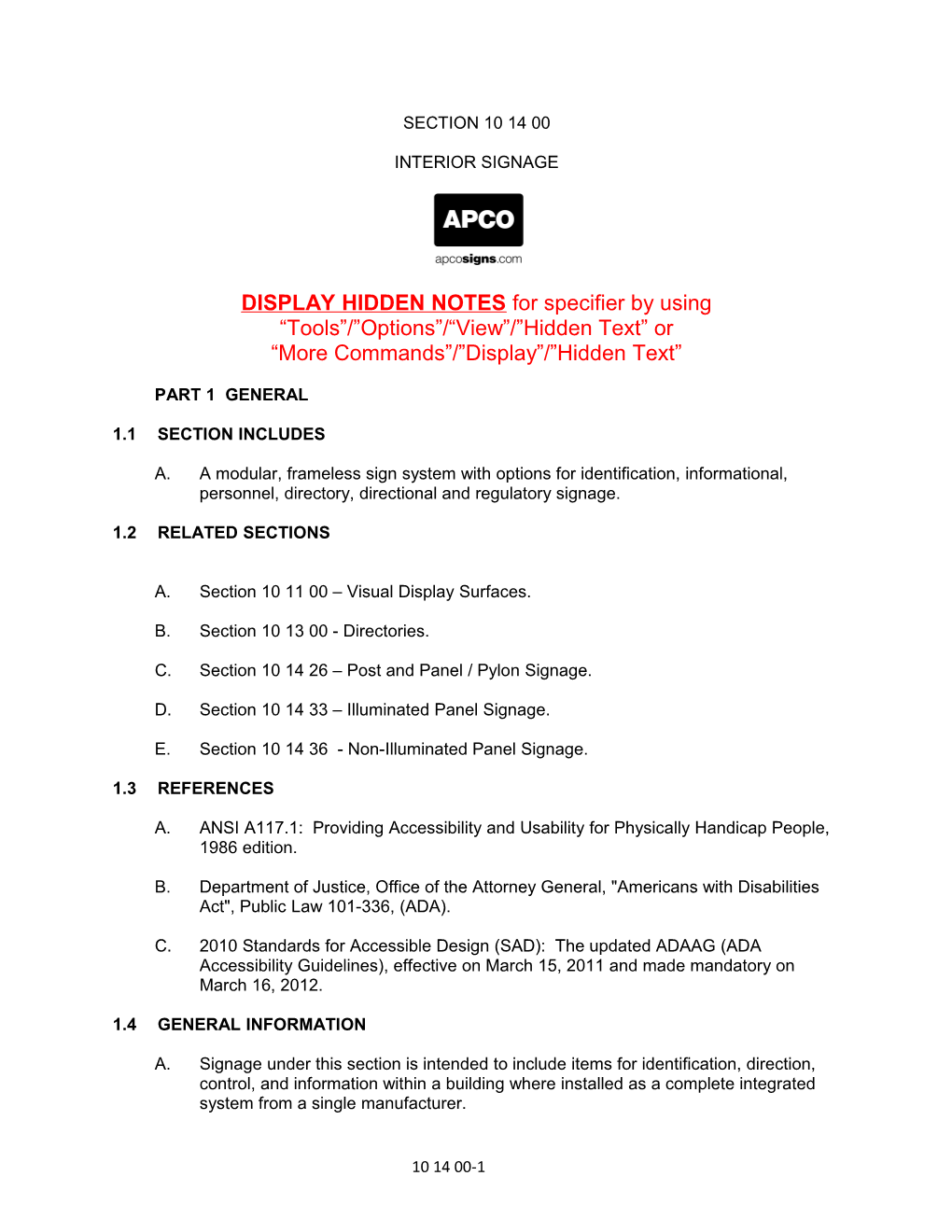 APCO Elevate CSI Specs