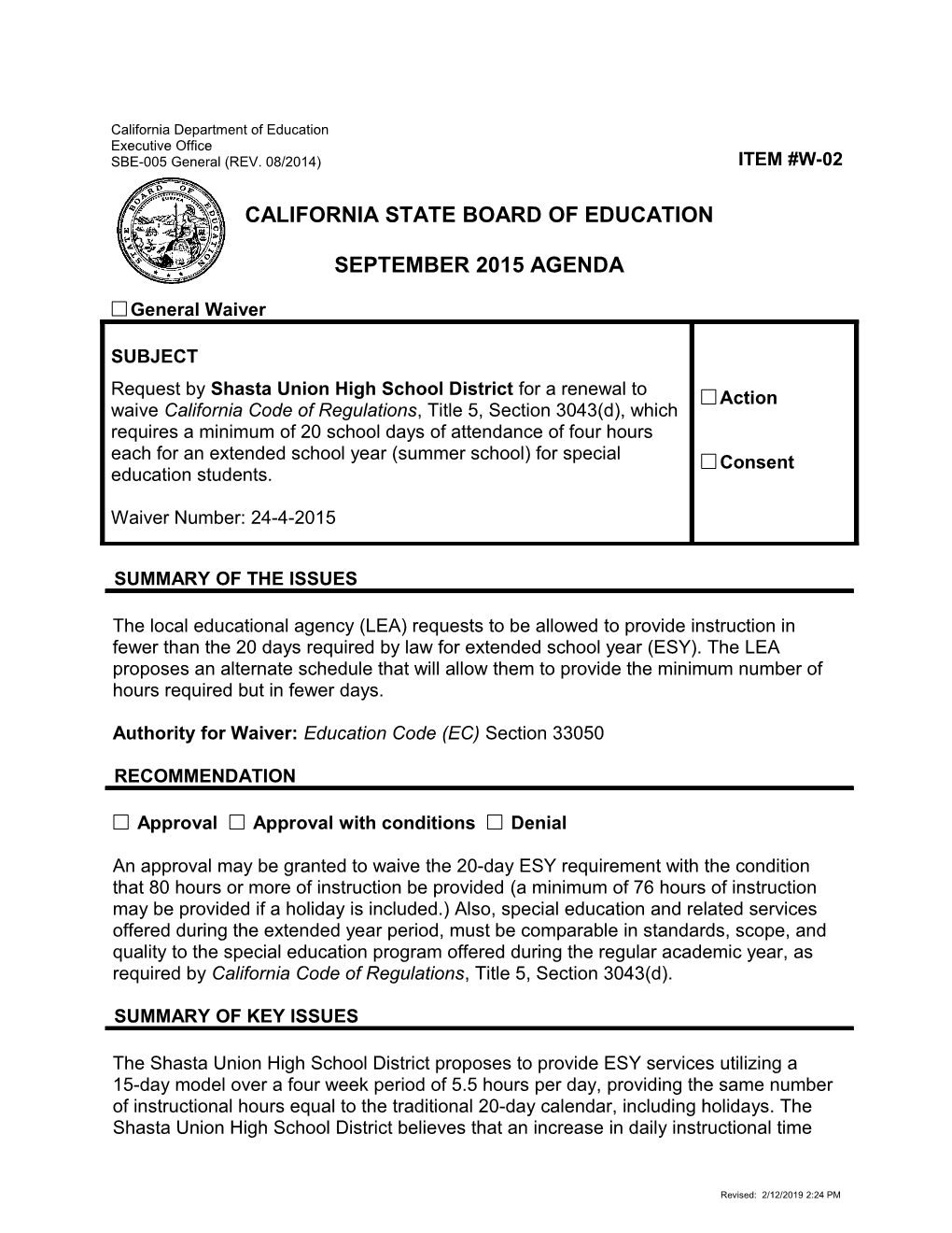 September 2015 Waiver Item W-02 - Meeting Agendas (CA State Board of Education)