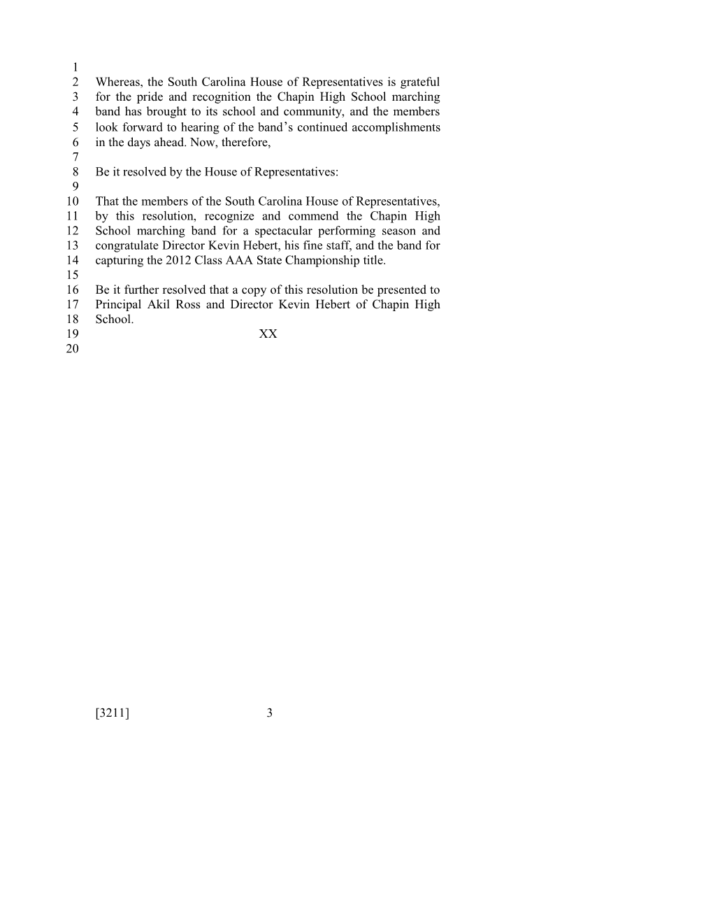 2013-2014 Bill 3211: Chapin High School Marching Band - South Carolina Legislature Online