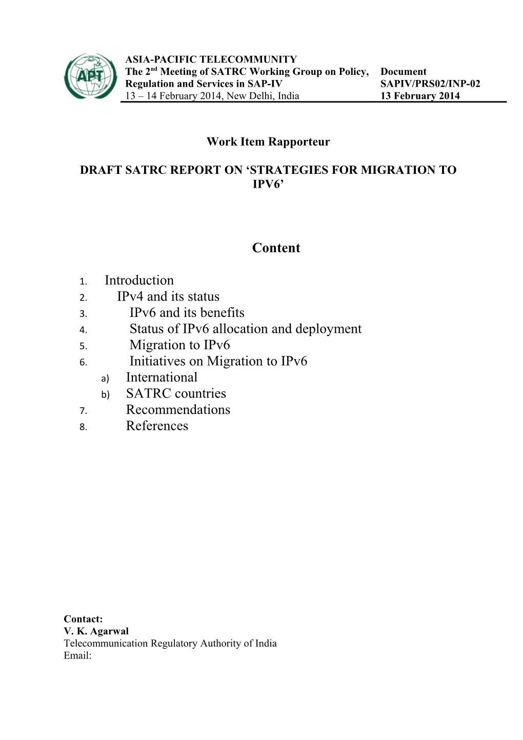 Draft Satrc Report on Strategies for Migration to Ipv6