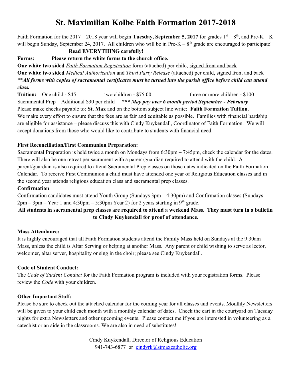 St. Maximilian Kolbe Faith Formation 2017-2018