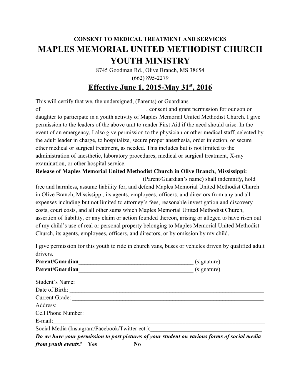 Consent to Medical Treatment and Services Maples Memorial United Methodist Church Youth