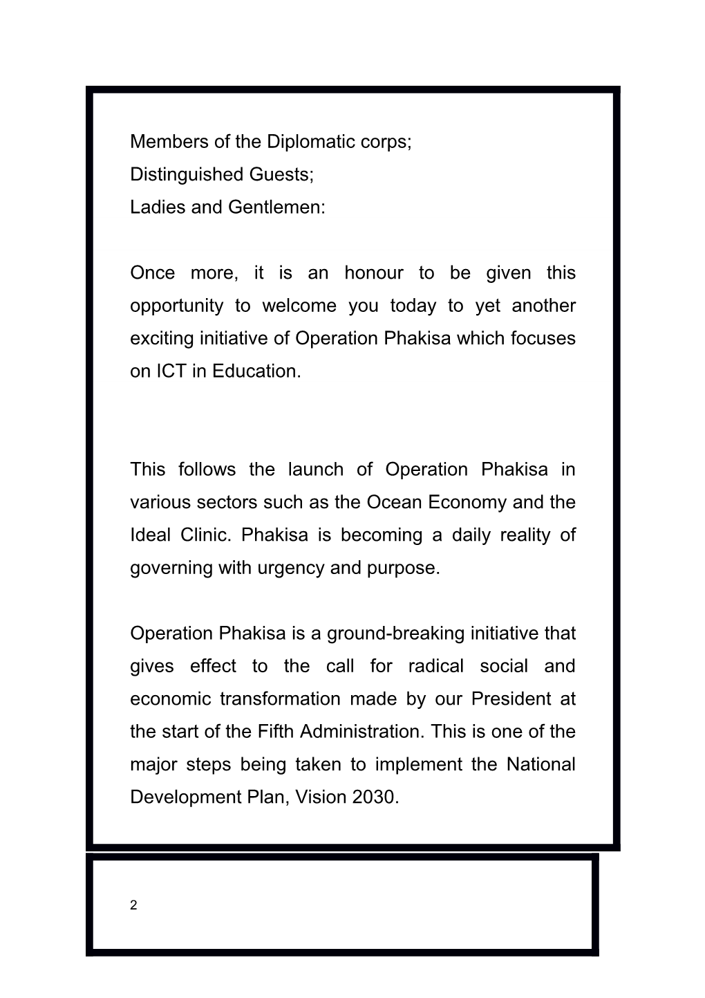 Opening Remarks at the Launch of Operation Phakisa on ICT in Education