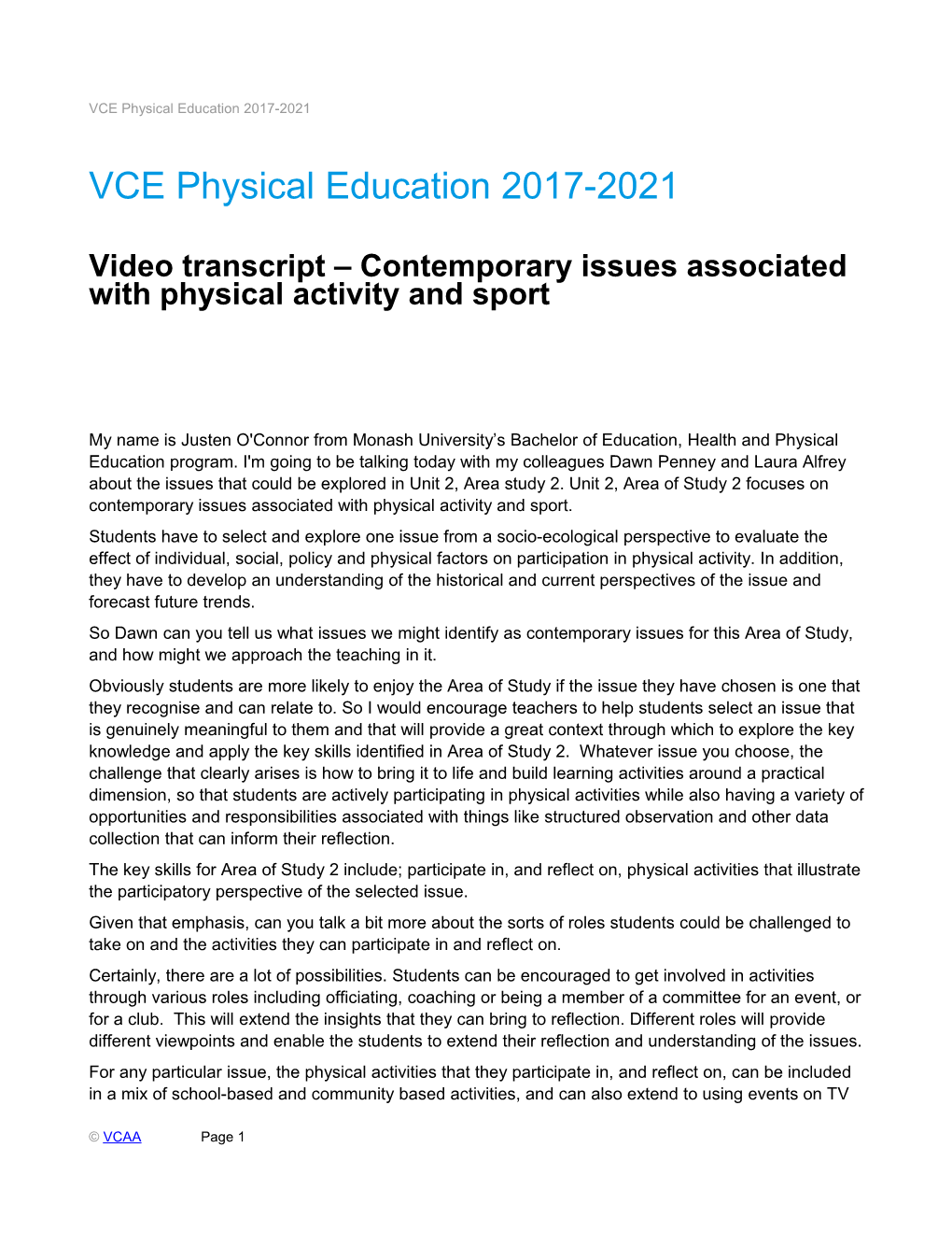 VCE Physical Education 2017-2021