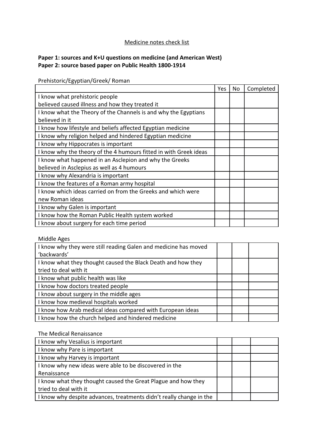 Paper 1: Sources and K+U Questions on Medicine (And American West)