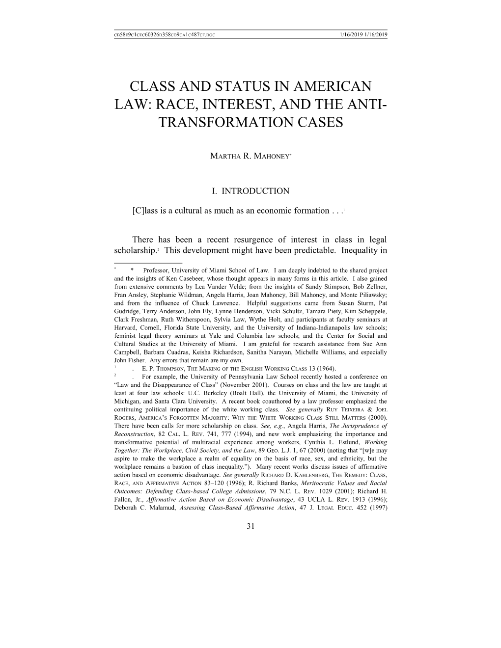 Class and Status in American Law: Race, Interest, and the Anti-Transformation Cases