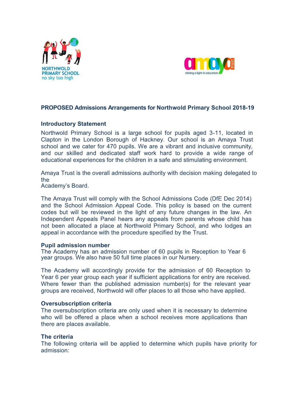 PROPOSED Admissions Arrangements for Northwoldprimaryschool 2018-19