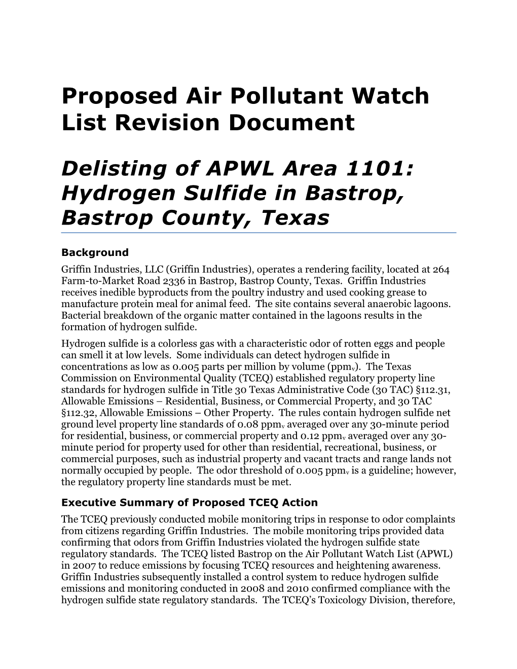 Proposed Air Pollutant Watch List Revision Document