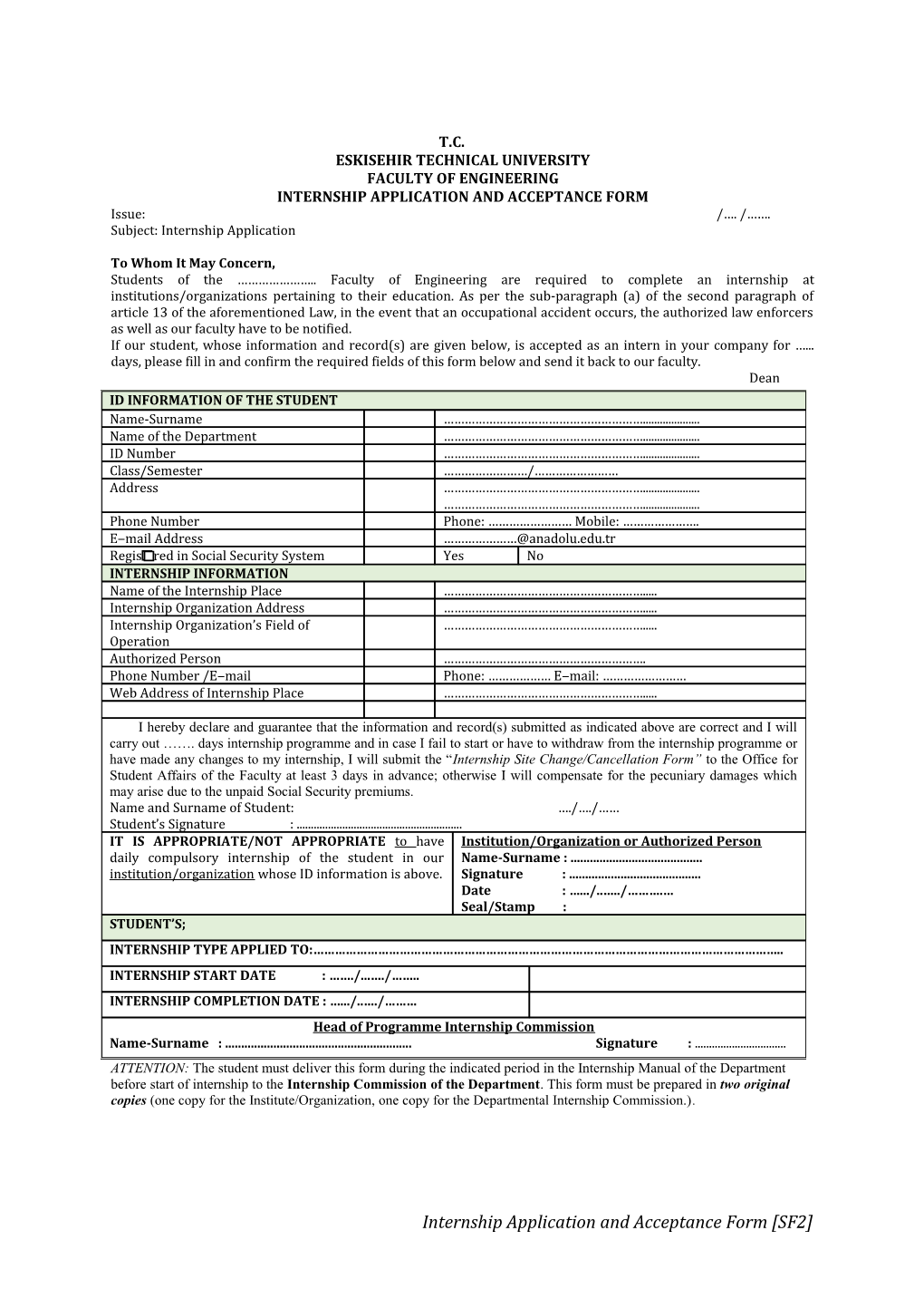 Internship Application and Acceptance Form