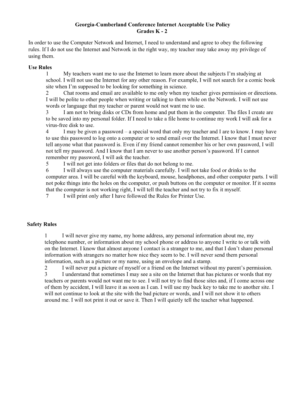 Georgia-Cumberland Conference Internet Acceptable Use Policy Grades K - 2