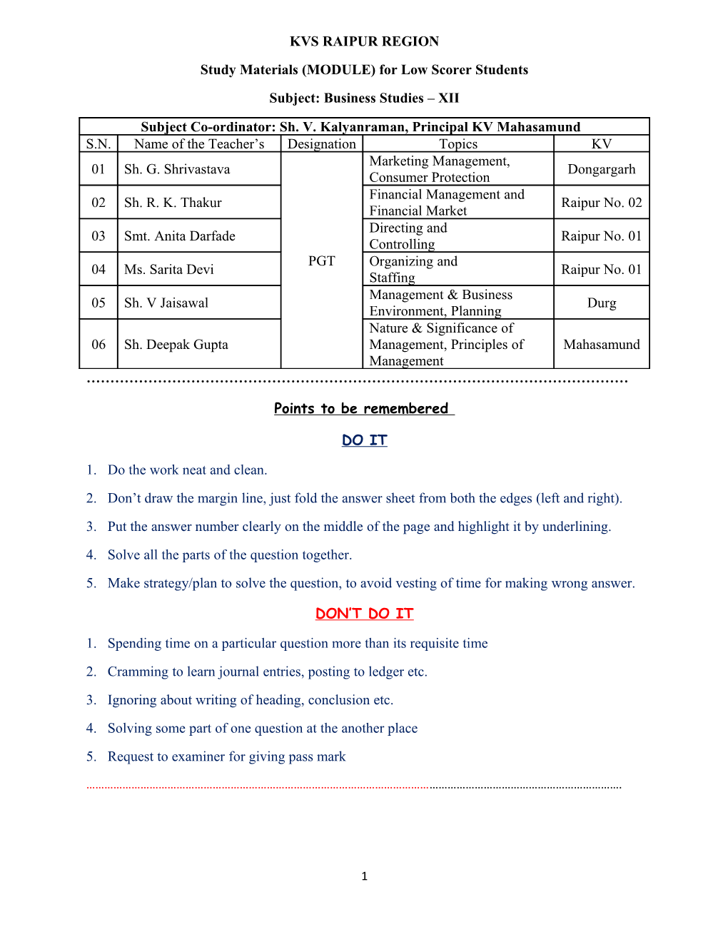 Study Materials (MODULE) for Low Scorer Students