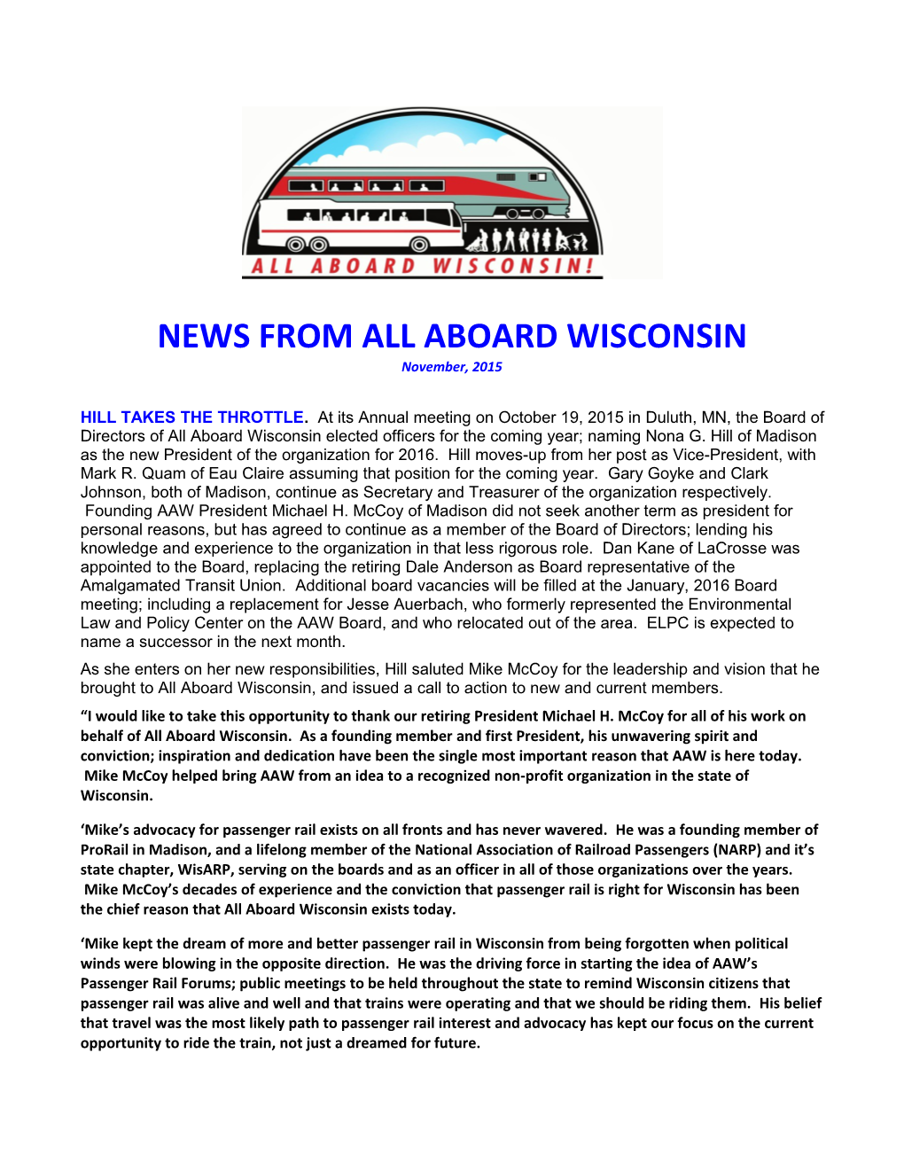News from All Aboard Wisconsin