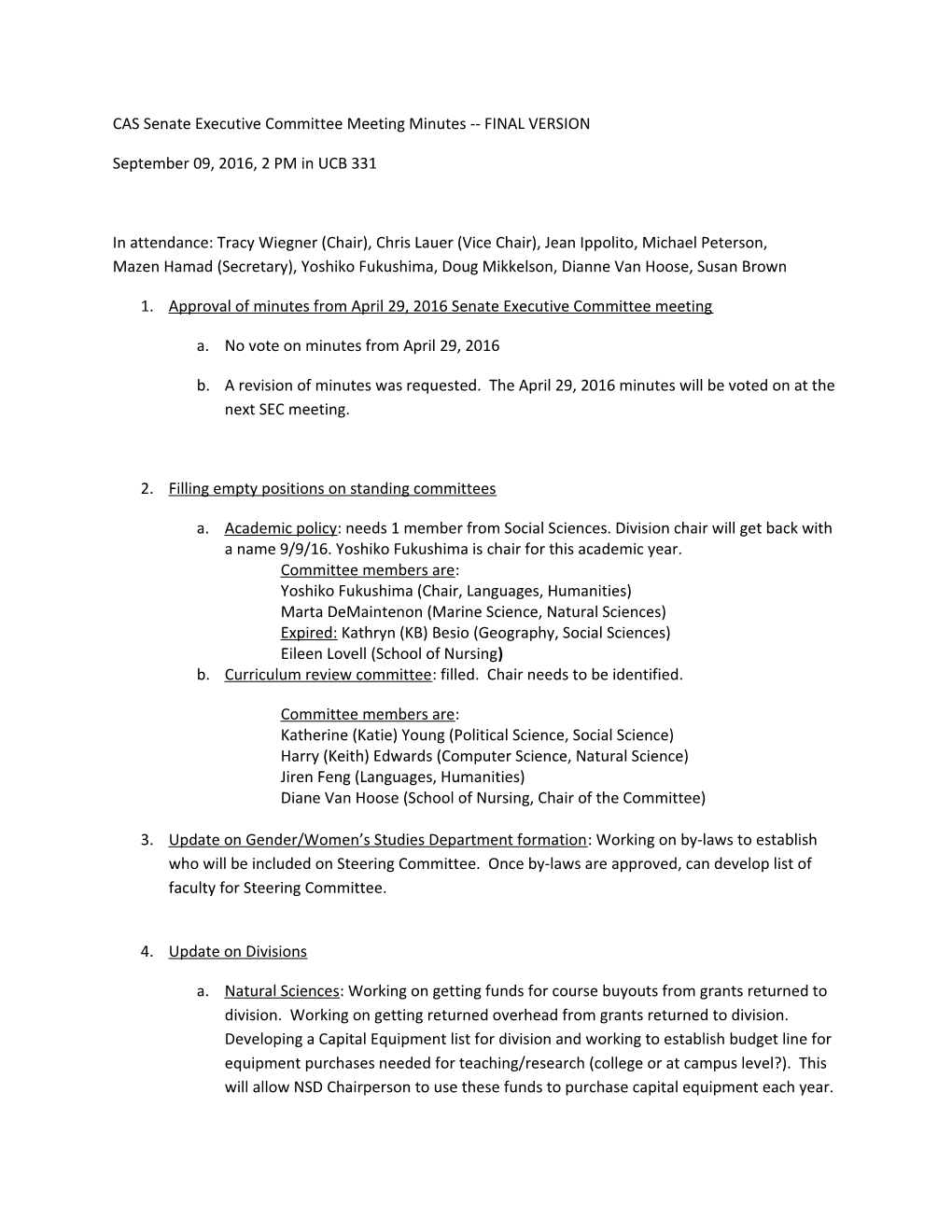 CAS Senate Executive Committee Meeting Minutes FINAL VERSION