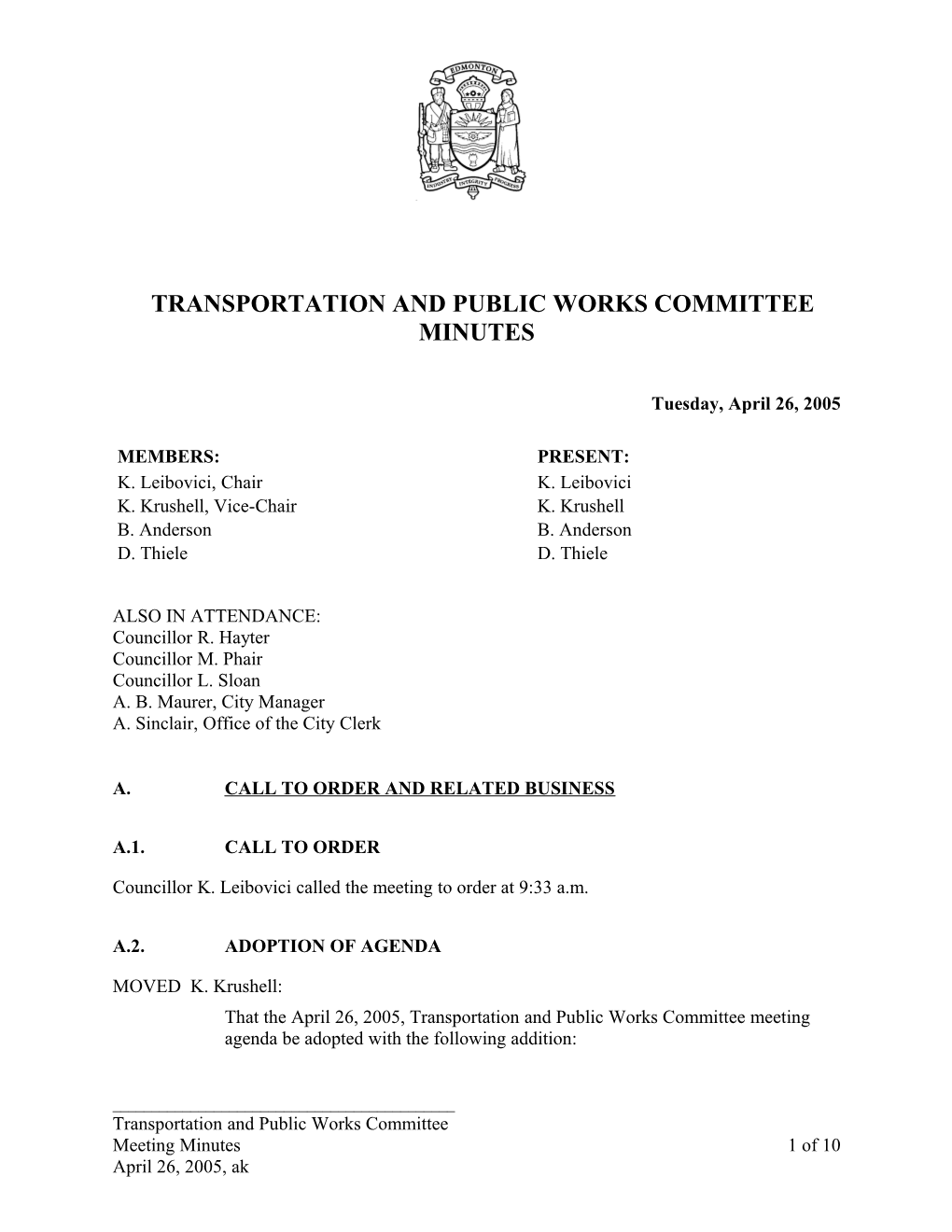 Minutes for Transportation and Public Works Committee April 26, 2005 Meeting