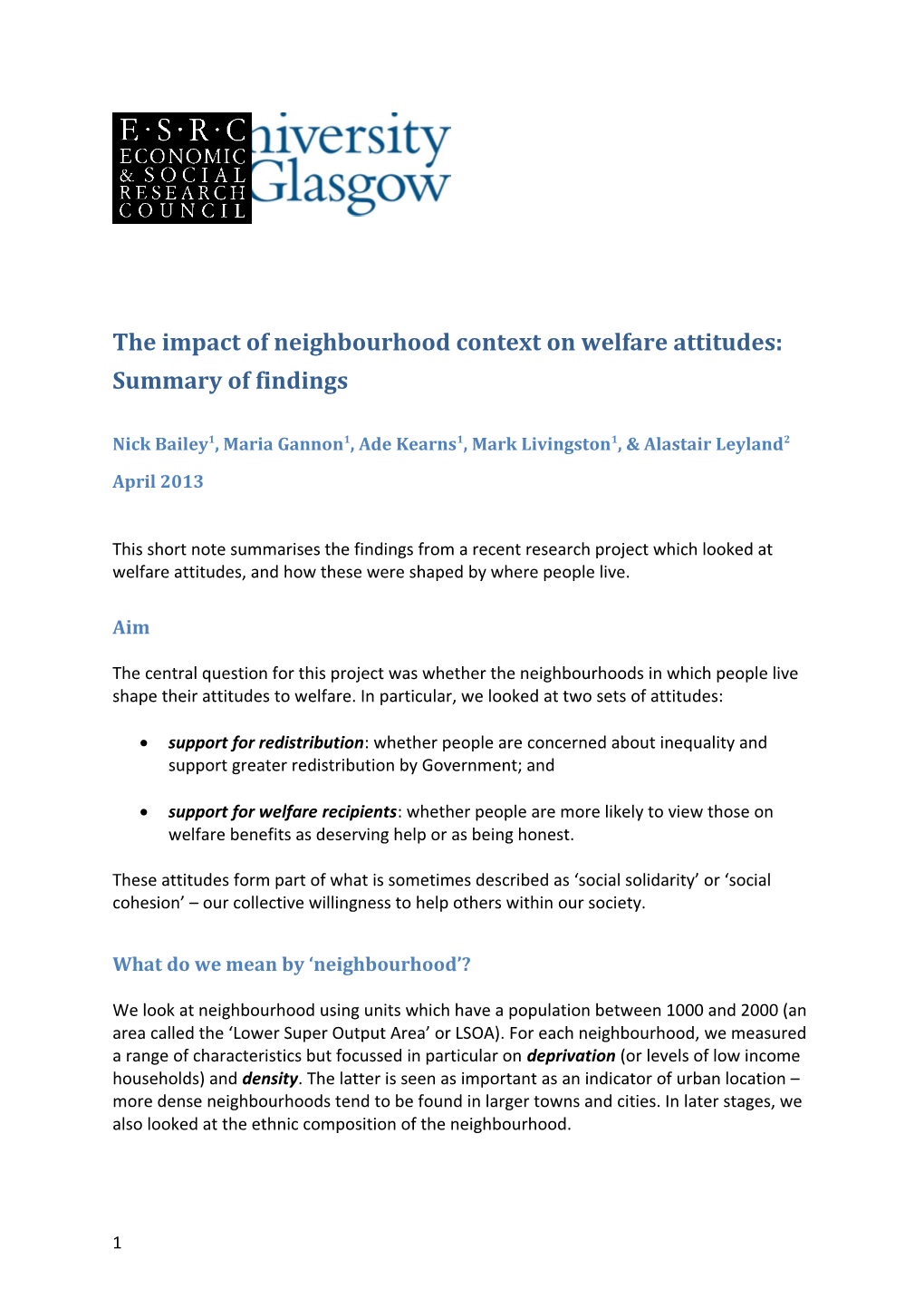 The Impact of Neighbourhood Context on Welfare Attitudes