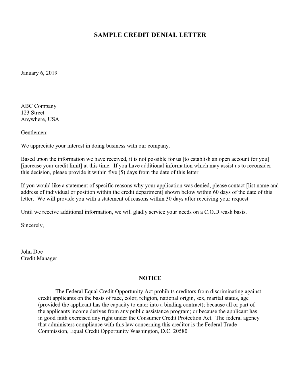 Sample Credit Denial Letter