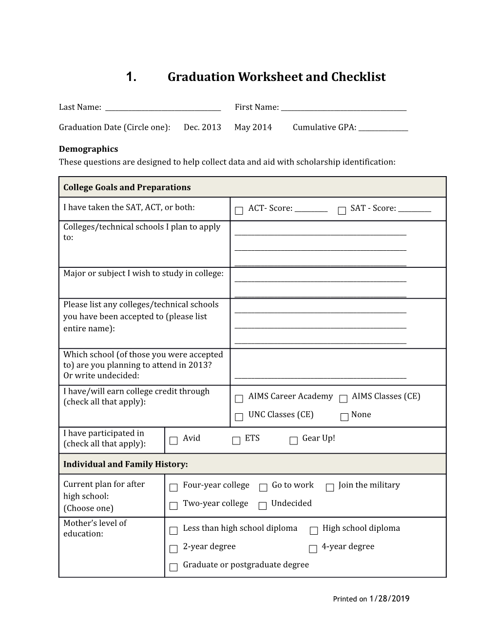 Graduation Worksheet and Checklist