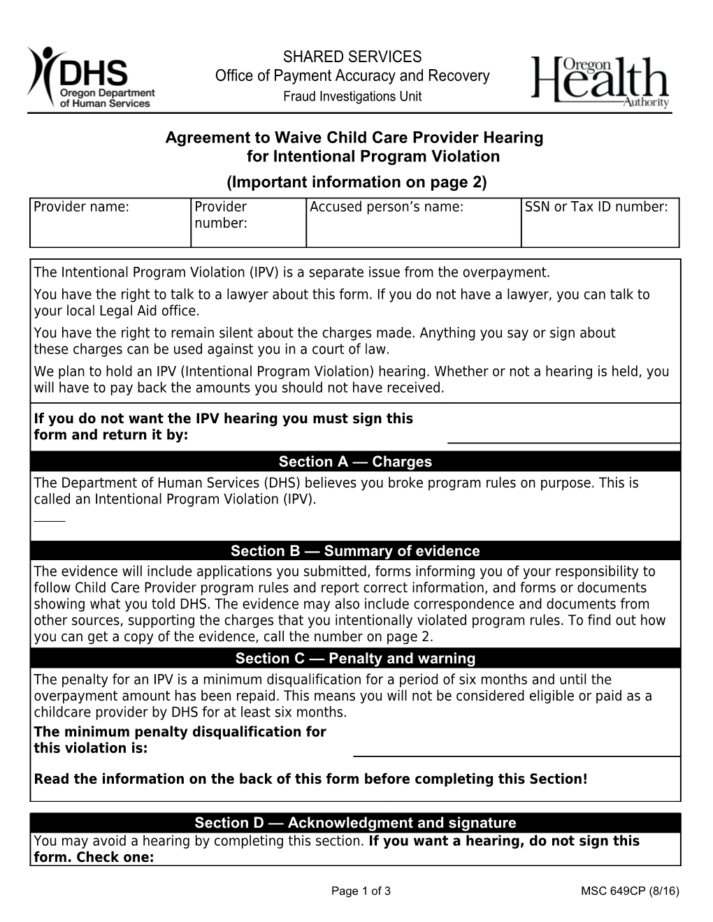 Agreement to Waive Child Care Provider Hearing MSC 649CP 11/11