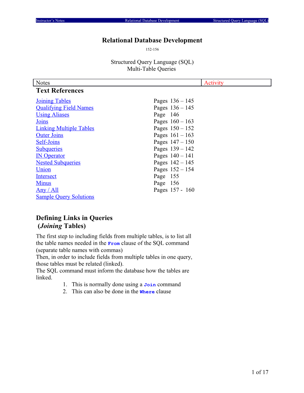 Instructor S Notesrelational Database Developmentstructured Query Language (SQL)