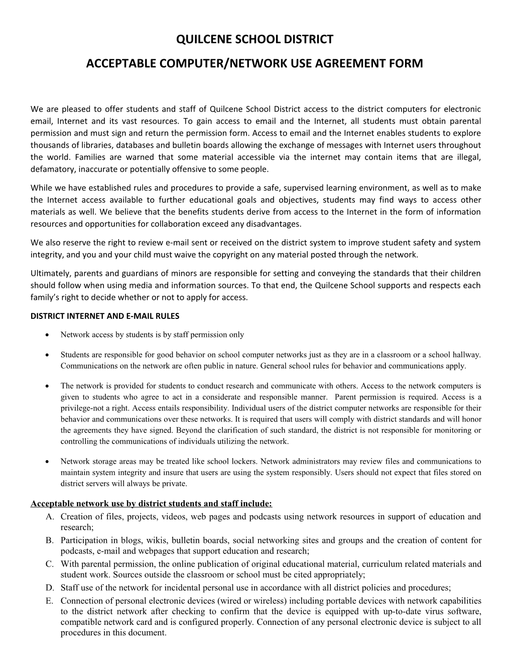 Acceptable Computer/Network Use Agreement Form