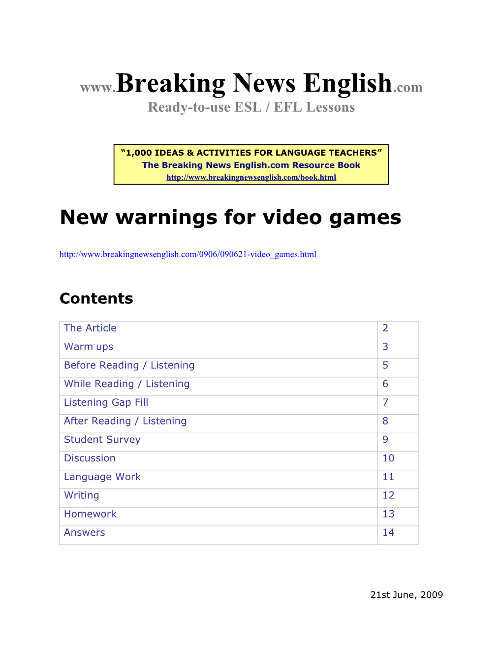 ESL Lesson: New Warnings for Video Games