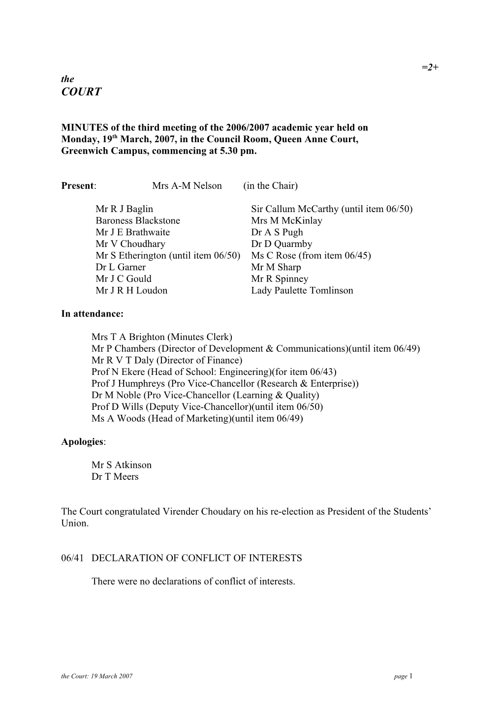 MINUTES of the Third Meeting of the 2006/2007 Academic Year Held On