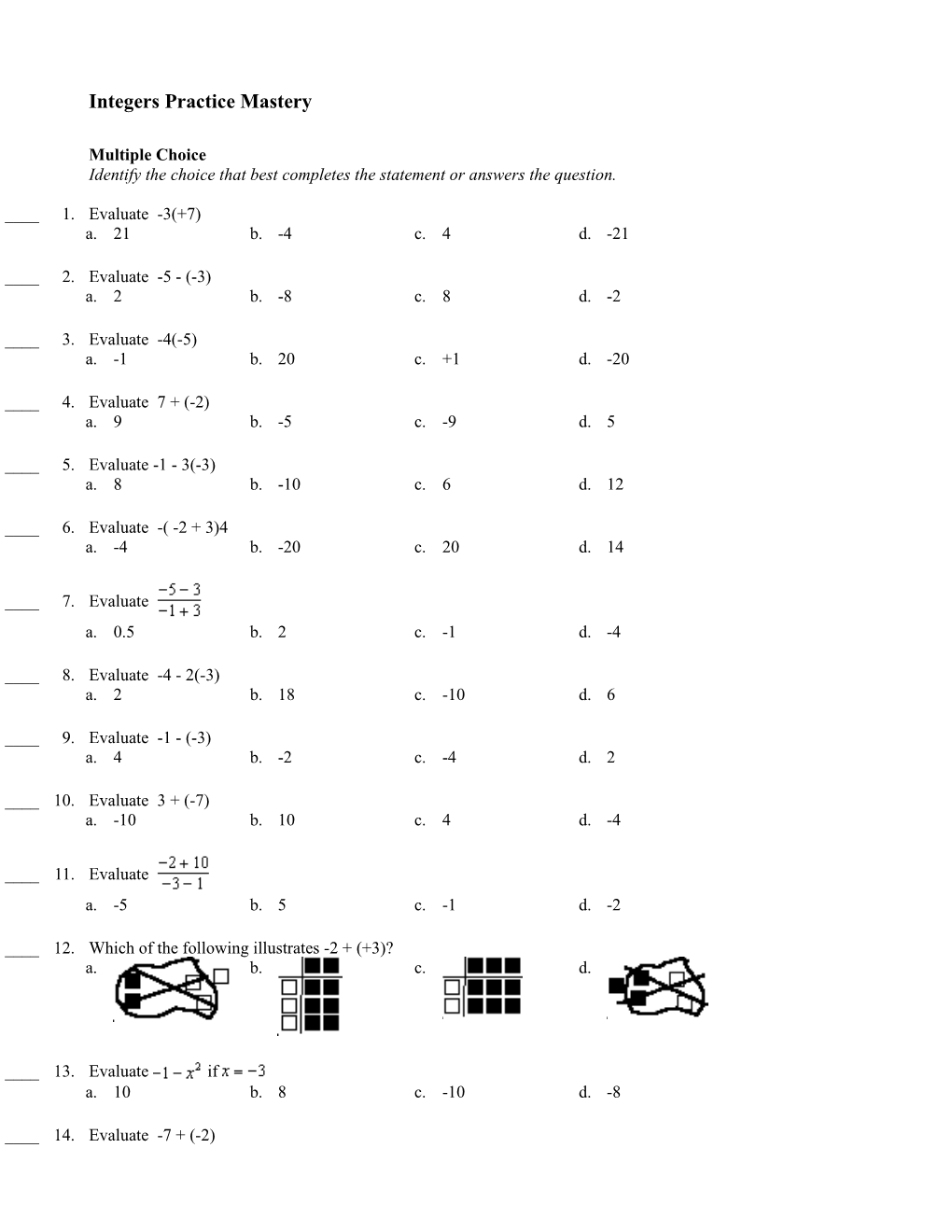 Integers Practice Mastery