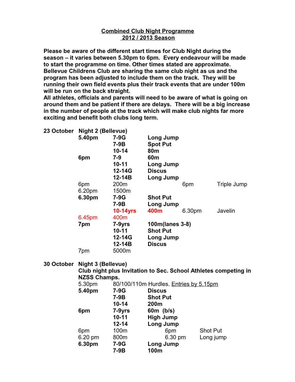 Combined Club Night Programme