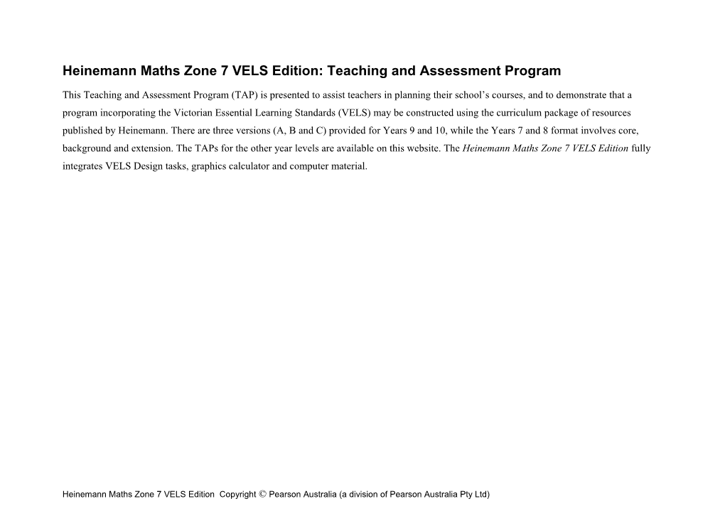 Heinemann Maths Zone 7 VELS Edition: Teaching and Assessment Program