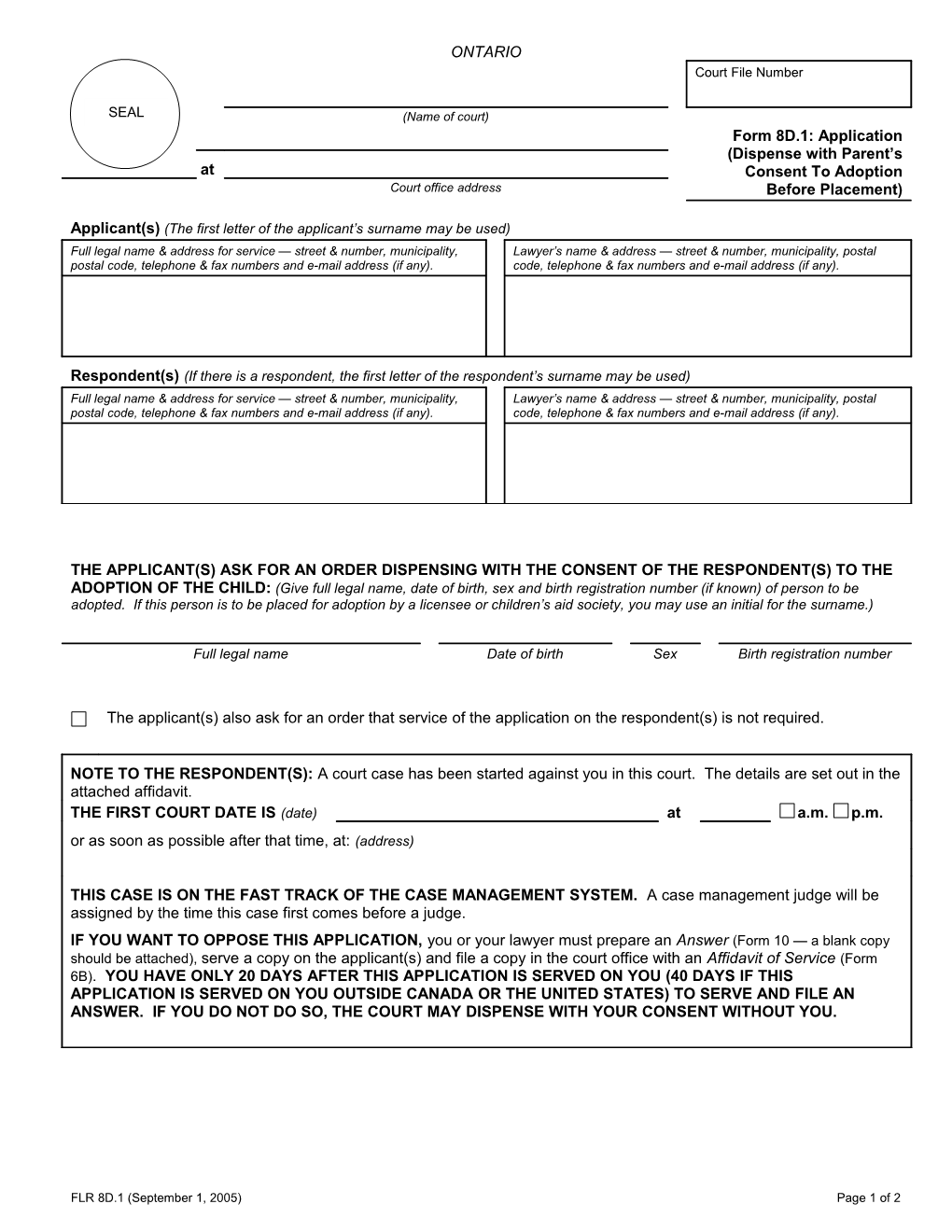 Form 8D.1 Application (Dispense with Parent S Consent to Adoption Before Placement)