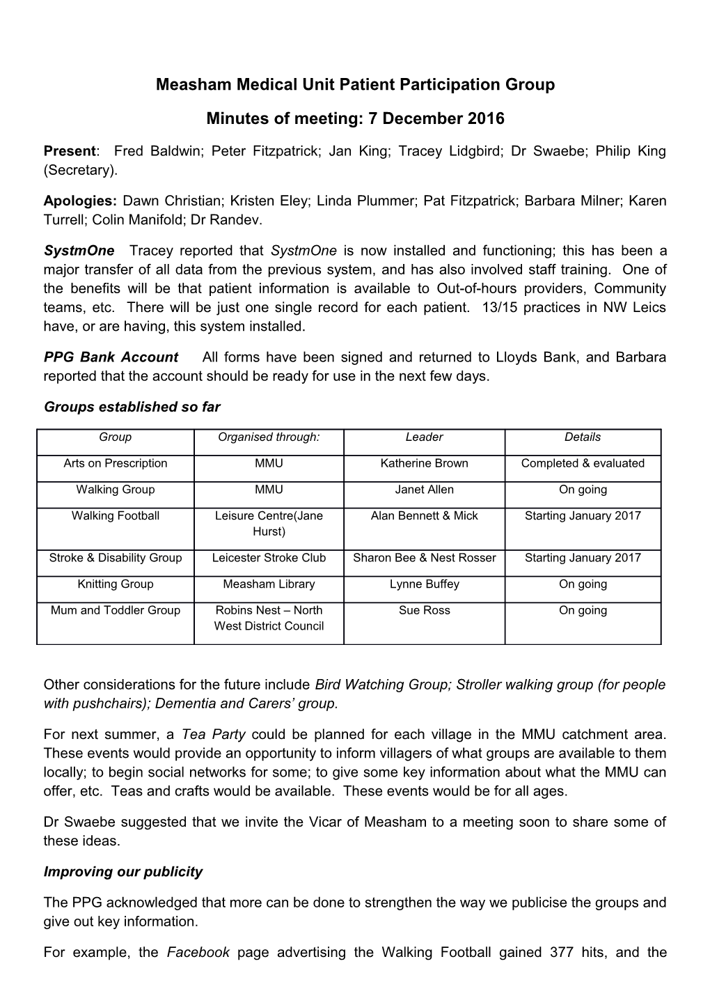 Measham Medical Unit Patient Participation Group