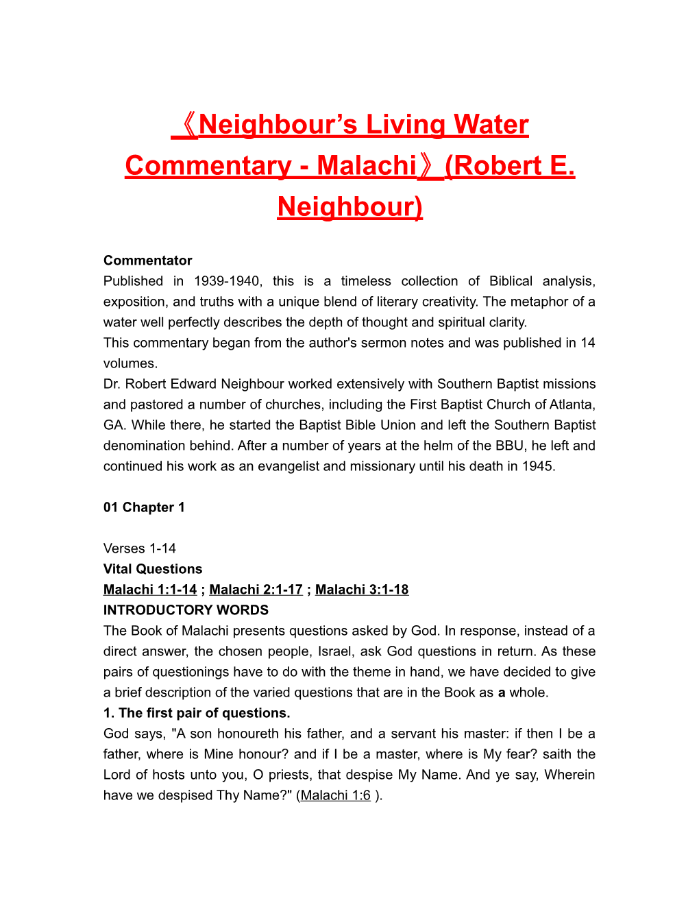 Neighbour S Living Water Commentary - Malachi (Robert E. Neighbour)