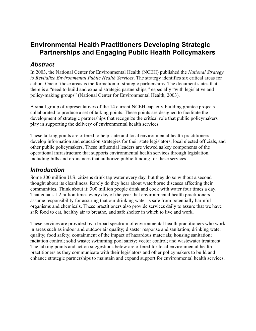 Value and Benefits of Environmental Health Services