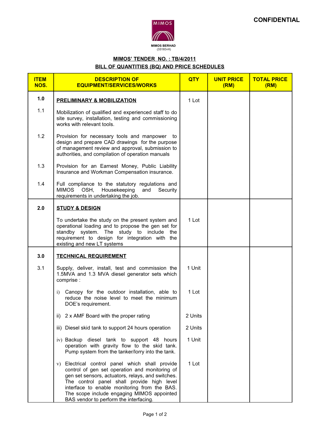 Bill of Quantities and Price Schedules